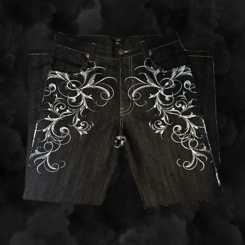 Skull geometric Gothic pattern street high waisted jeans for men 2000s American retro hiphop fashion straight pocket pants 240913