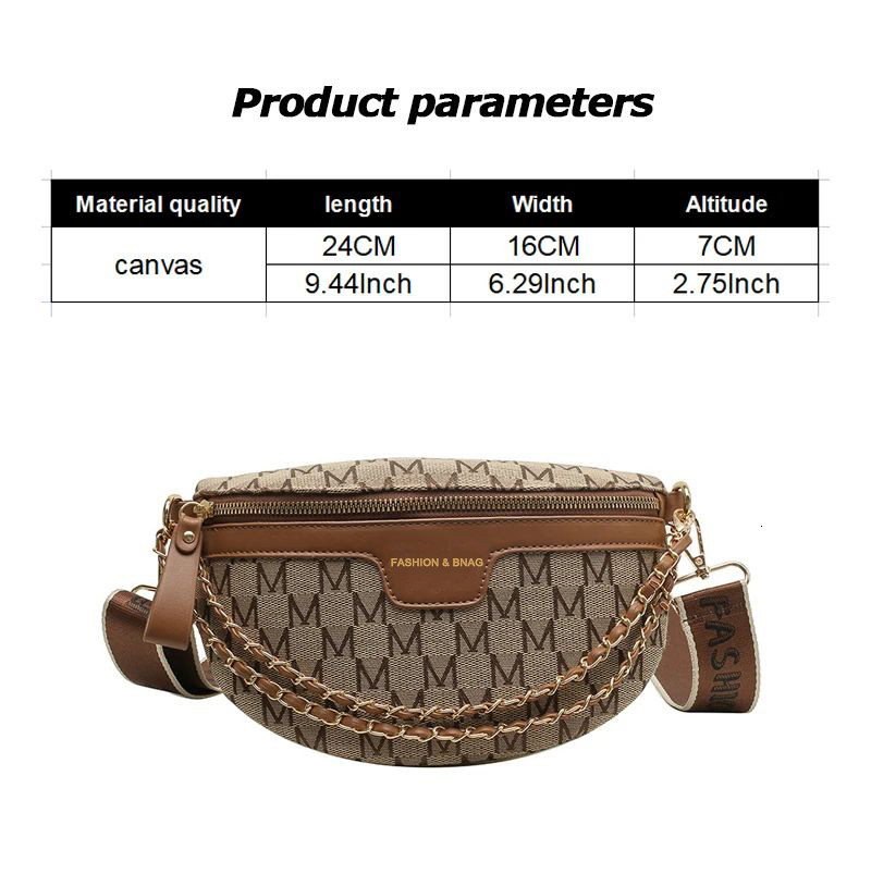 Fashion Pattern Fanny Pac For Women Stylish Letter Printed Chain Female Waist Pack Wide Strap Crossbody Bag