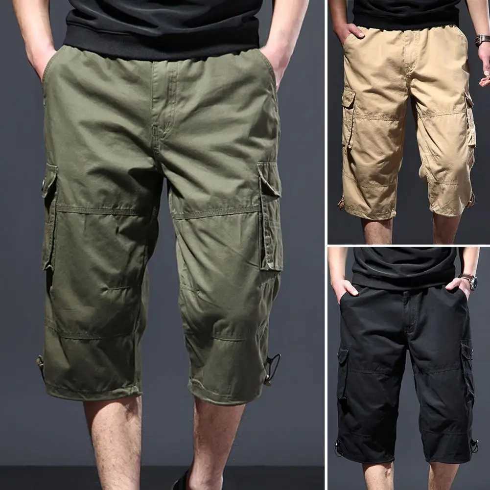 Trendy Drawstring Cotton Camouflage Print Multi Pockets Cargo Pants Loose Type Men Cropped Pants Daily ClothesX240921