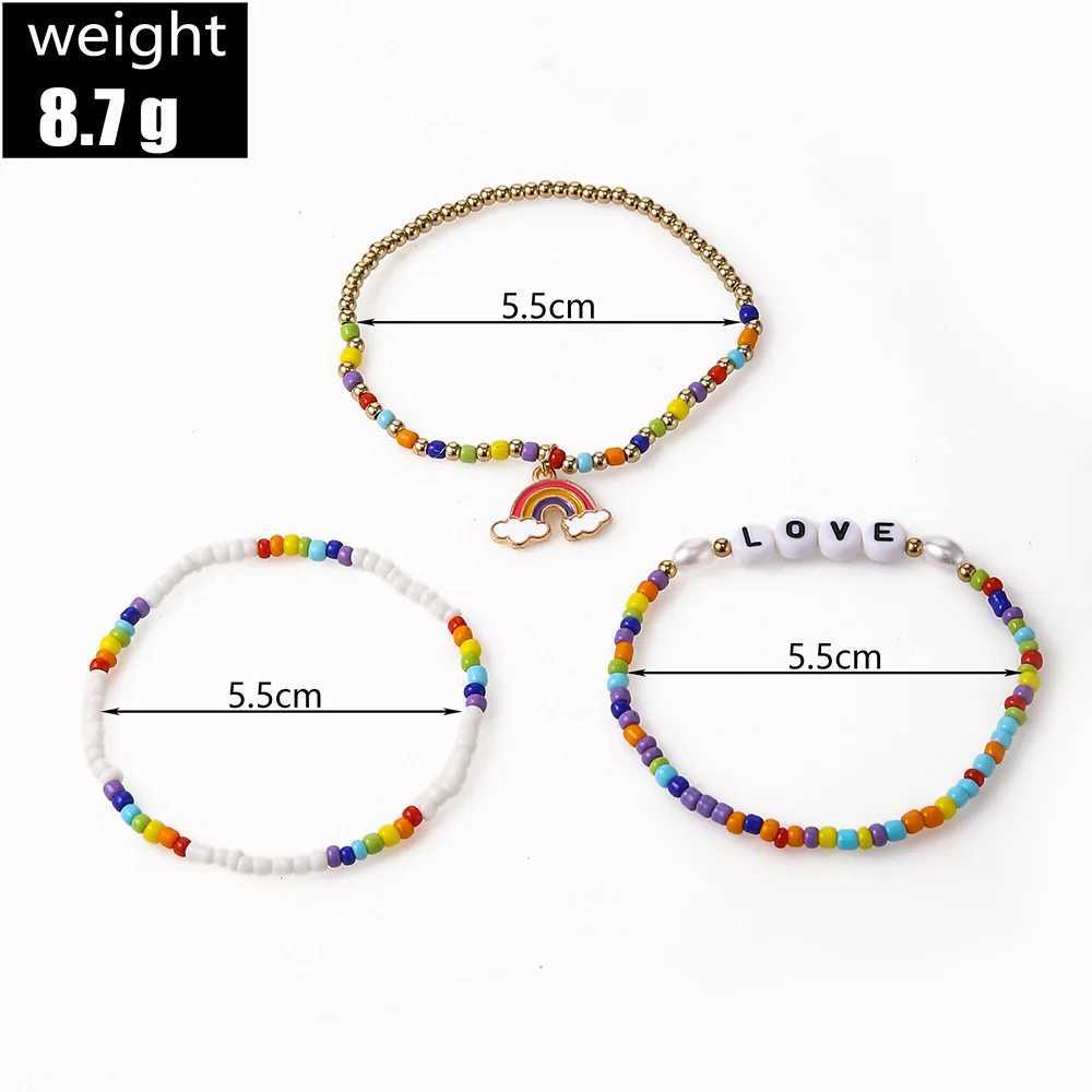 Bohemia Rainbow Charm Bracelet Set For Women Colour Rice Bead Chain Love Letter Bangle Girls Boho Jewelry GiftX240921