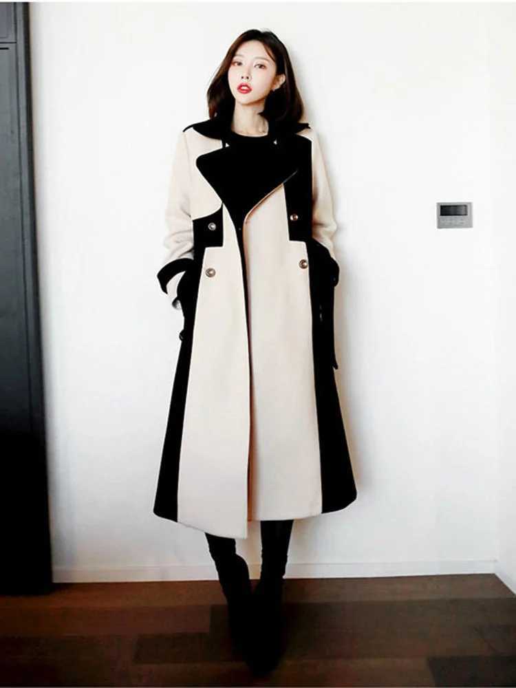 DEAT Woman Trench Coat Color Block With Belt Notched Full Sleeve Elegant High Street Style 2024 New Autumn Fashion 15TT172X240921