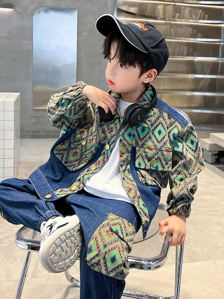 Boys Spring Suit Denim Two Piece Set Spring Fashion Kids Denim Childrens Autumn Jeans Cool Handsome Baby Clothes 240913