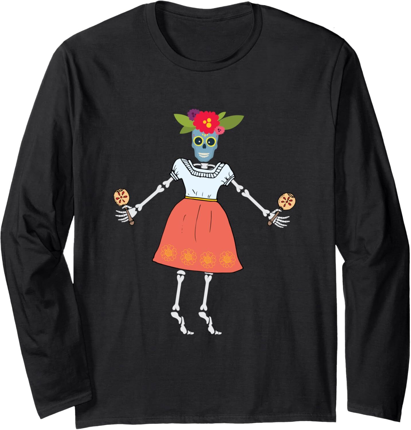 Long Sleeve Shirts for Men sweatshirt La Santa Muerte Skeleton With Rumba Shakers Maracas Streetwear Casual tops clothes fashion