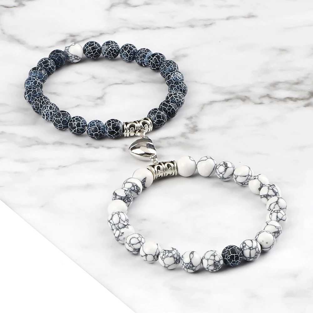 2Pcs/Set Romantic Heart Shape Magnet Pendant Bracelets 6 8MM Weathered Stone Bangles Jewelry Couple Handmade Strench Pulsera NewX240921