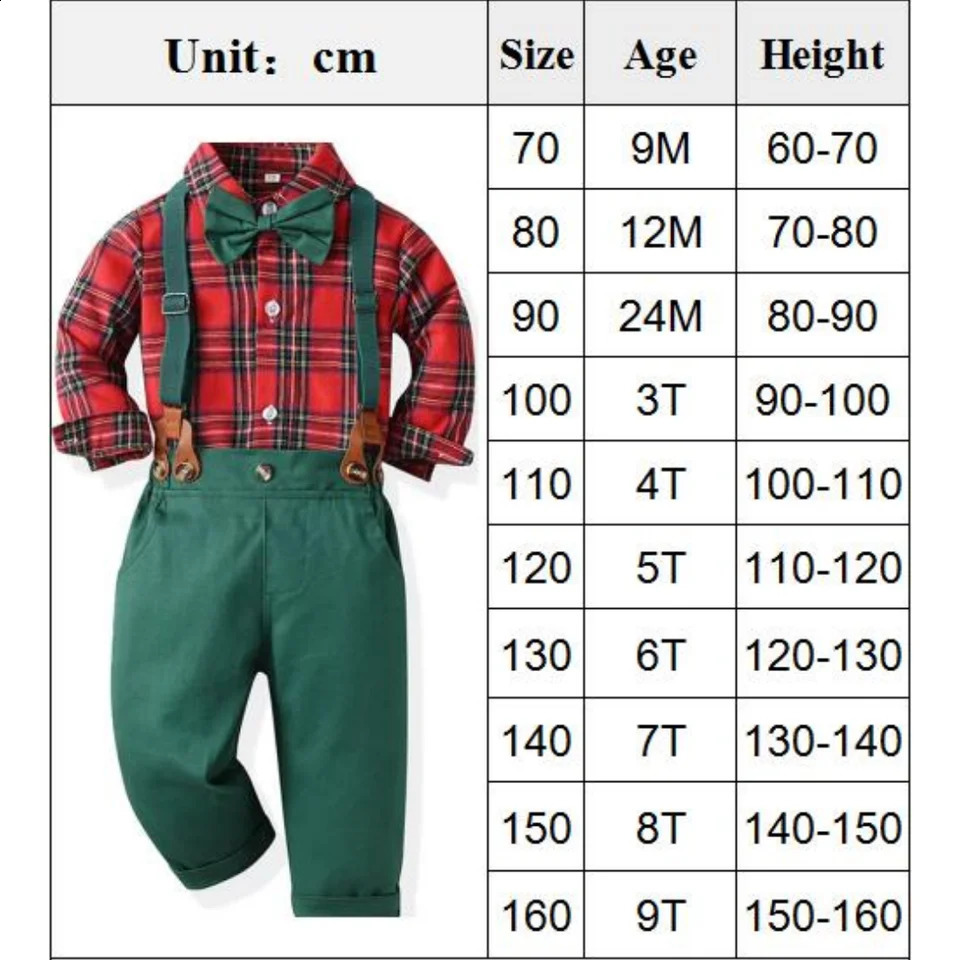 Boys Set Childrens Christmas Gentlemen Dress Long Sleeve Plaid Shirt Autumn Winter Green Strap Pants Kid Boutique Outfits 240911