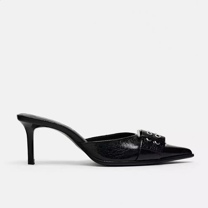 Pointed Toe Womens Mule Shoes Belt Buckle Black Patent Leather Stiletto High Heels Fashion er Womens Summer Sandals 240919