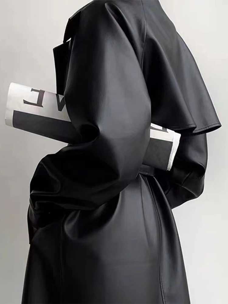 Long Oversized Leather Trench Coat for Women Long Sleeve Lapel Loose Lady Jacket With Belt 2024 Autumn New Vintage StreetwearX240921