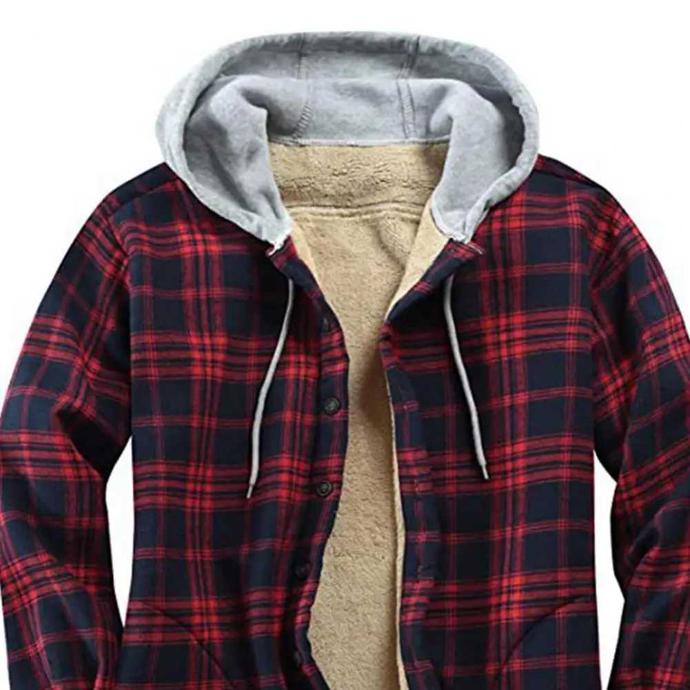 Men Jacket Coat Loose Fit Jacket Men Autumn Coat Stylish Men Plaid Pattern Coat Fleece Lined Hooded Cardigan Thickened Outerwear M240921