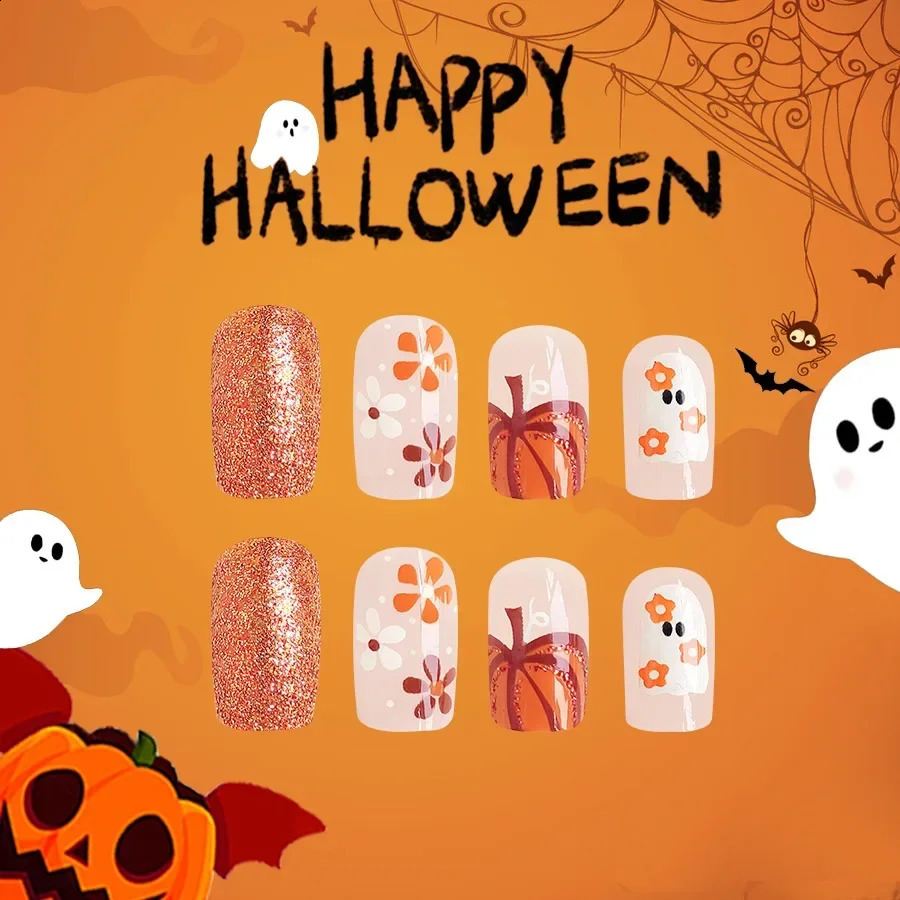 24pcs Cute Ghost Pumpkin Halloween Press-On Nails-Glossy Short Square Fake Nails with Festive False Nail for Women 240914