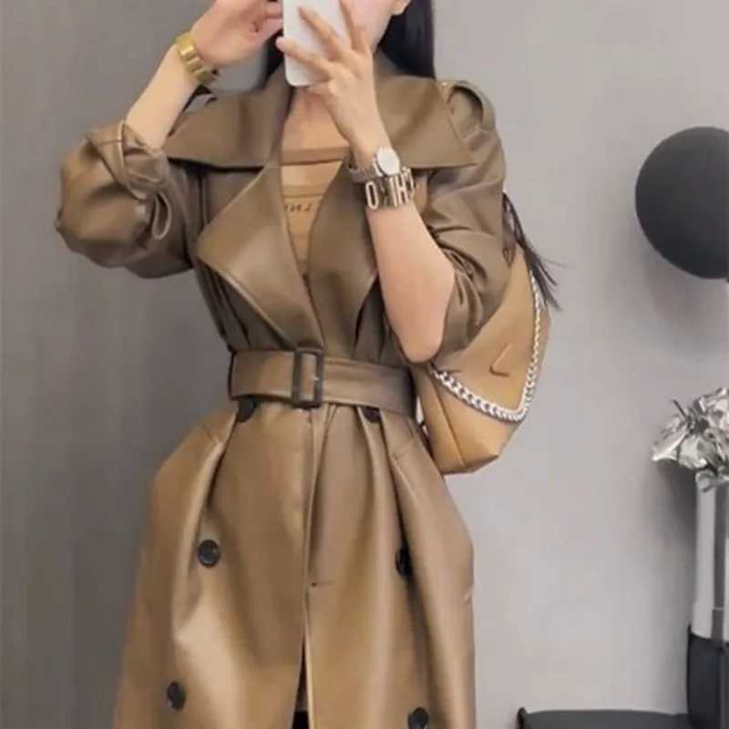 Autumn Elegant Belted Trench Coats Women PU Leather Jacket Long Windbreaker Vintage Waterproof Jackets Spring Fashion OuterwearX240921