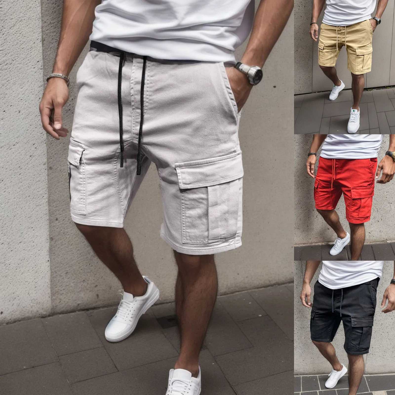 Mens Solid Color Cargo Pants Drawstring Shorts Hip Hop Streetwear Male Gyms Fitness Short Sweatpants Joggers Sportswear ShortsX240921
