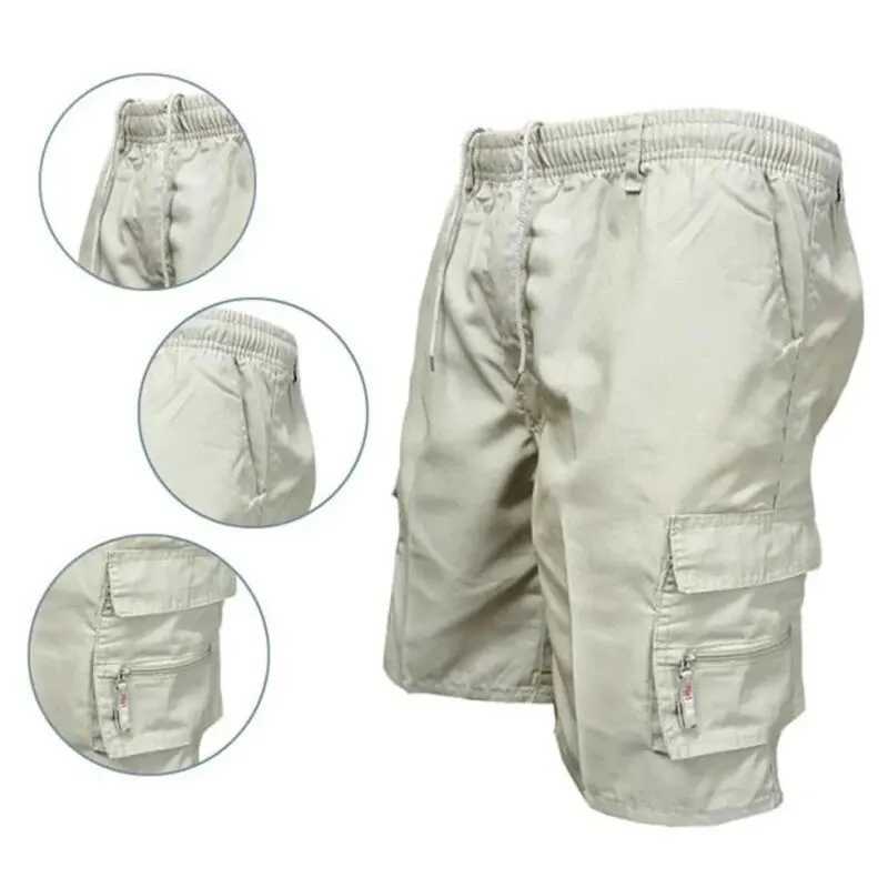 Outdoor Cargo Shorts Male Overalls Elastic Waist Cycling Shorts Multi-pockets Loose Work Sport Knee Length TrousersX240921