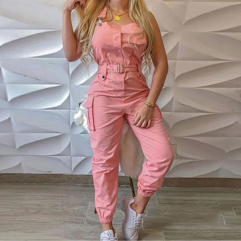 Strap Sleeveless Jumpsuit Women Loose Dungarees Long Rompers Summer Solid Pockets Cargo Pants Female Casual Work Out Playsuits 240920