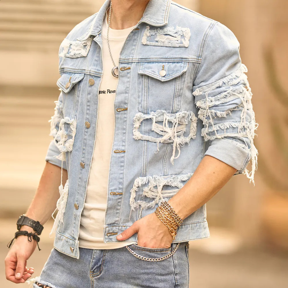 Stylish Street Style Men Distressed Splicing Slim Denim Jacket Ripped Patch Male Casual Jean Coat 240911Z