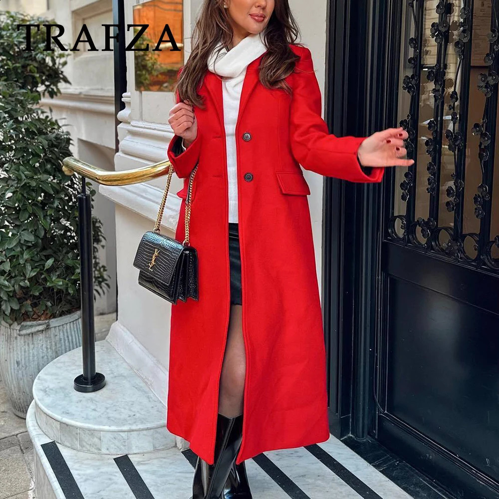 TRAFZA 2024 Autumn Winter Women Casual Long Coats Fashion Streetwear Solid Turn Down Collar Single Breasted Elegant Jackets 240919