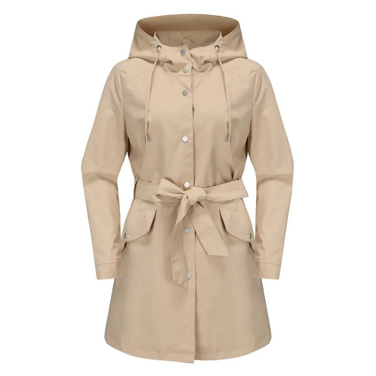 Spring Autumn New Hooded Water-repellent Jacket with Belt Thin Casual Loose Trench Coat Women WindbreakerX240921