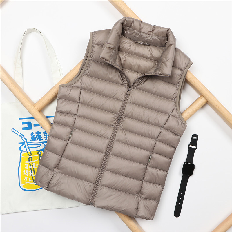 Fashion Autumn Stand Collar Women Elegant Solid Simple Zipper Coats Casual Warm Vests Ladies White Duck Down Vest