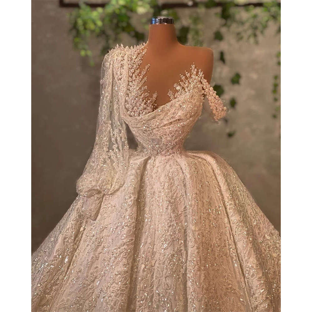 Pearls Wedding Dresses One Shoulder Sequins Bridal Gowns Or Length Custom Made Glitter Vestido De Novia