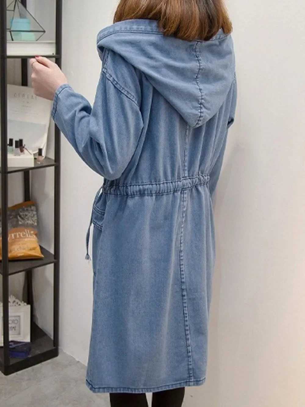 Hooded Jacket Jean Woman Cloak Denim Windbreaker Spring Autumn New Denim Jacket Female Long Loose CoatX240921