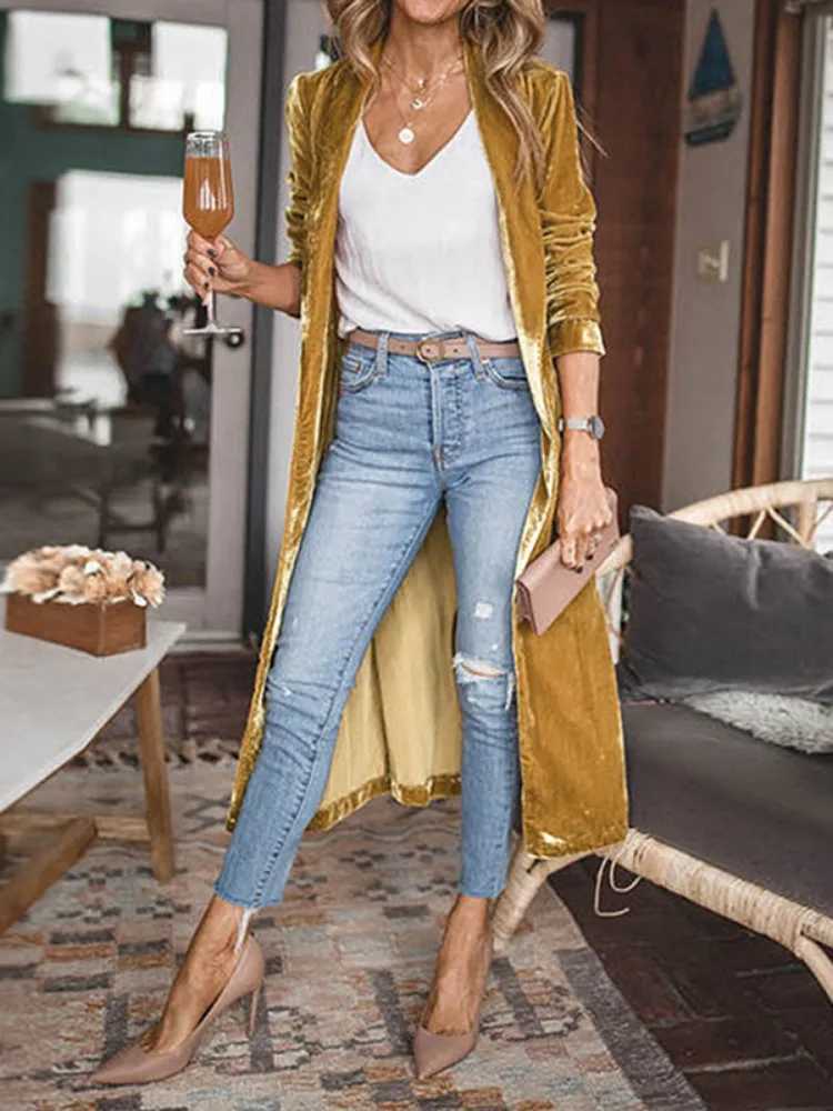 Freeacy Womens Elegant Solid Color Outerwear Velvet Long Sleeves Coat Autumn New Female Elegant Collarless Long Cardigan CoatsX240921