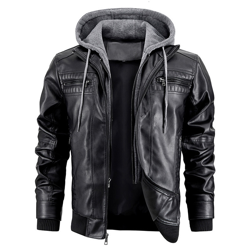 Leather Jacket Motorcycle Slim Fit Hooded PU Coat Top Autumn Winter Casual Windproof Men's Clothing Detachable Hat S-Xxxl
