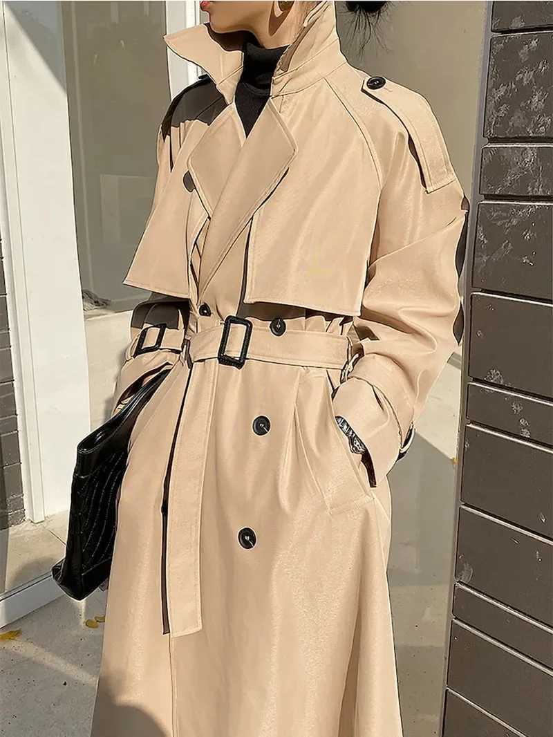 Elegant Khaki Long Trench Coats for Women Vintage Double Breasted Black Windbreaker Korean Casual Loose Long OverCoat StreetwearX240921