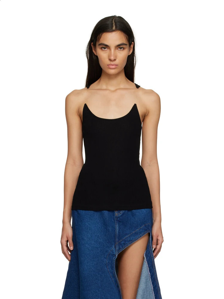 RORORIRI solid black invisible shoulder strap vest for womens casual wear with builtin bra ribs knitted top strapless 240921