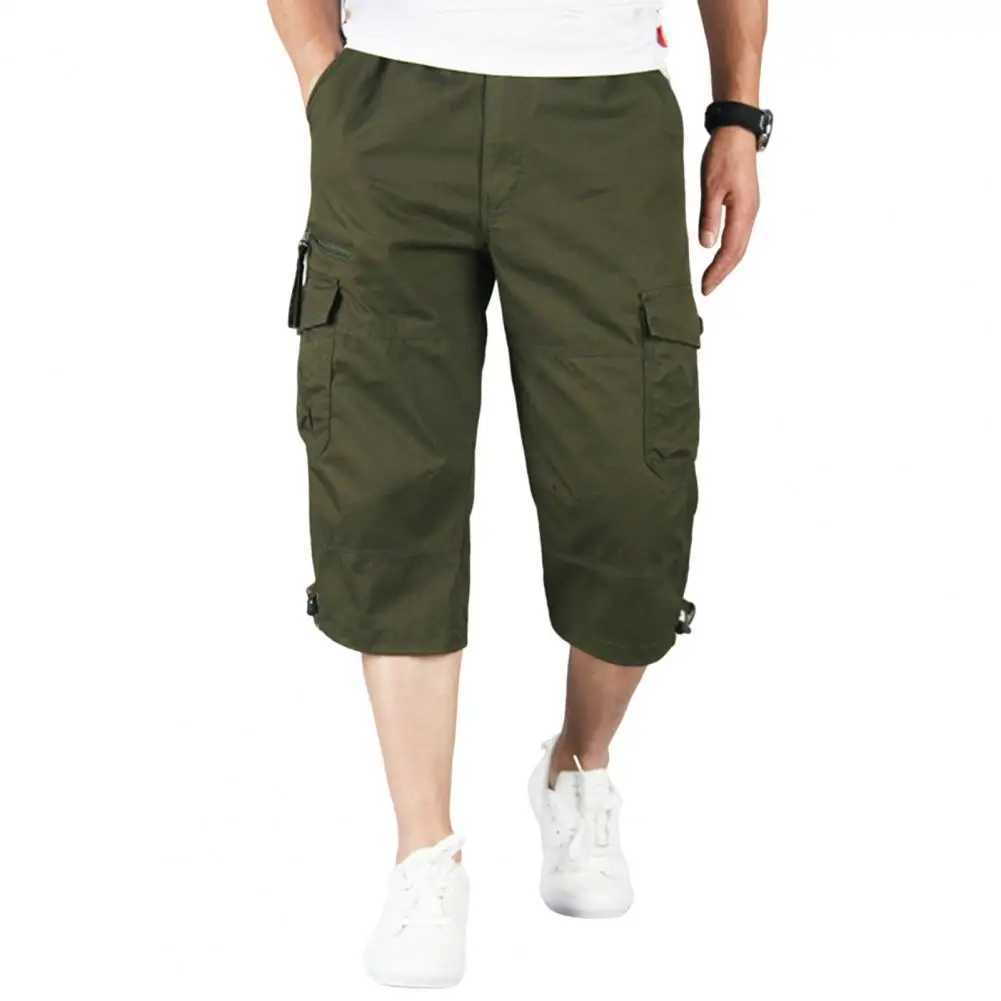 Knee Length Cargo Shorts Mens Summer Casual Cotton Multi Pockets Breeches Cropped Short Trousers ShortsX240921