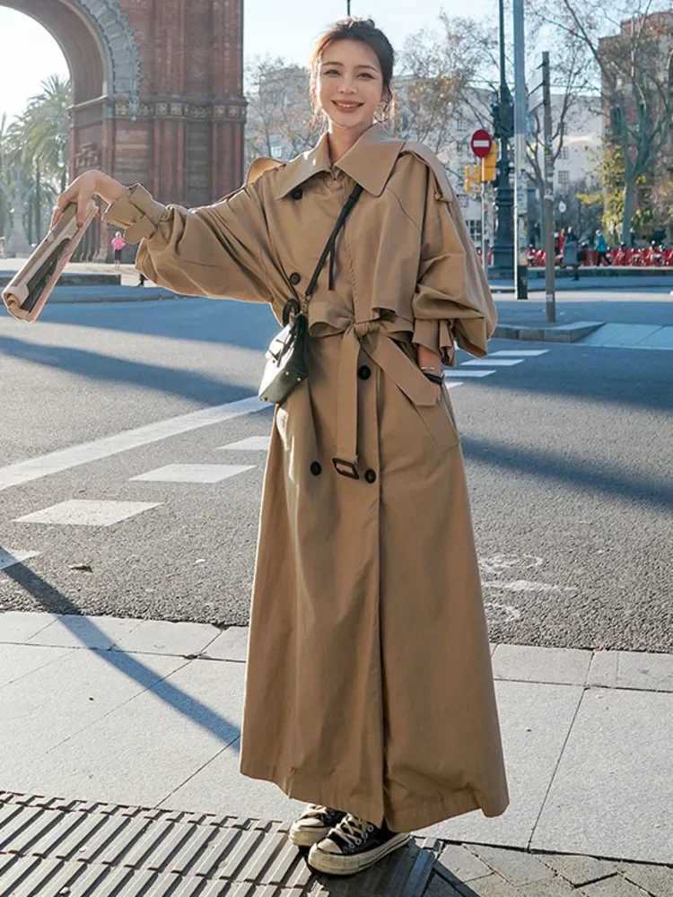Windbreaker Women Lapel Coat Double-breasted V-Neck Autumn Winter Loose Coat Solid Lapel Belt Wind Coat Pleasure Outer GarmentX240921