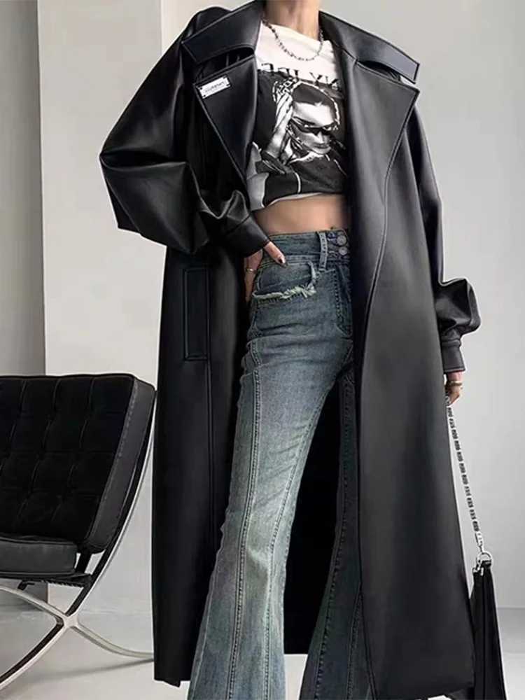 Long Oversized Leather Trench Coat for Women Long Sleeve Lapel Loose Lady Jacket With Belt 2024 Autumn New Vintage StreetwearX240921