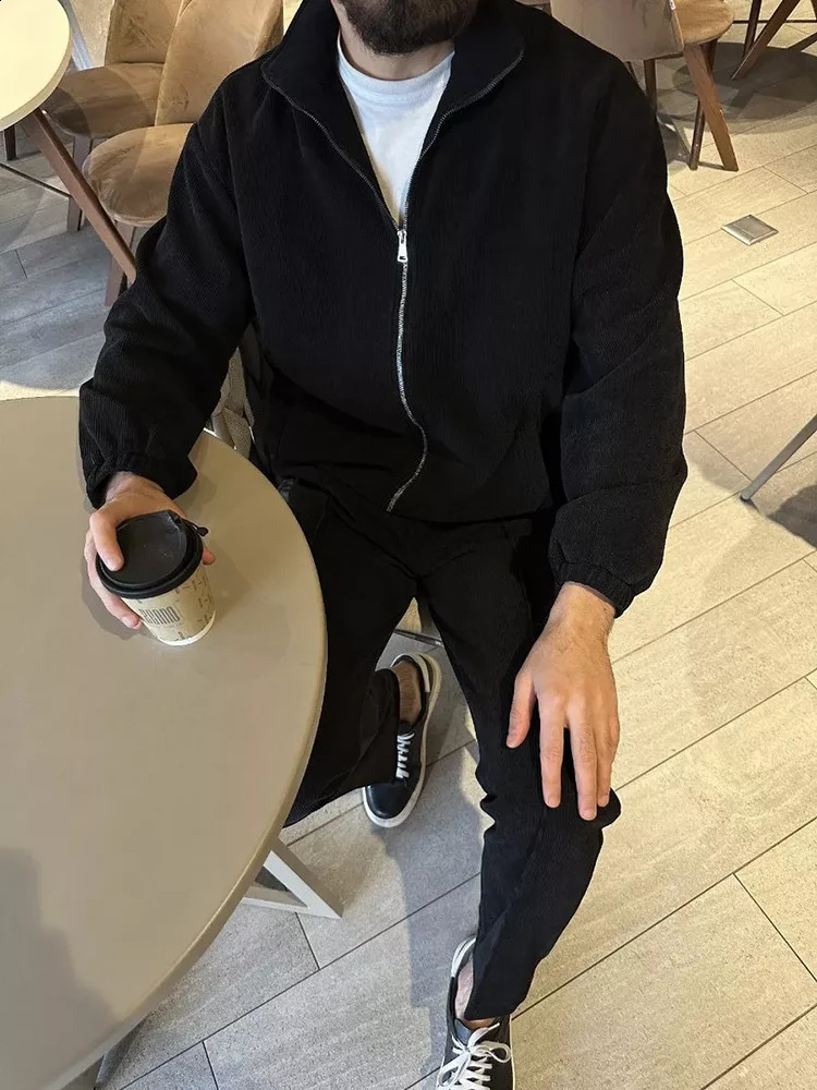 Casual Mens Two Piece Sets Streetwear Fashion Solid Color Slim Zipper Lapel Jacket And Pants Two Piece Suits Men Stylish Outfits 240918