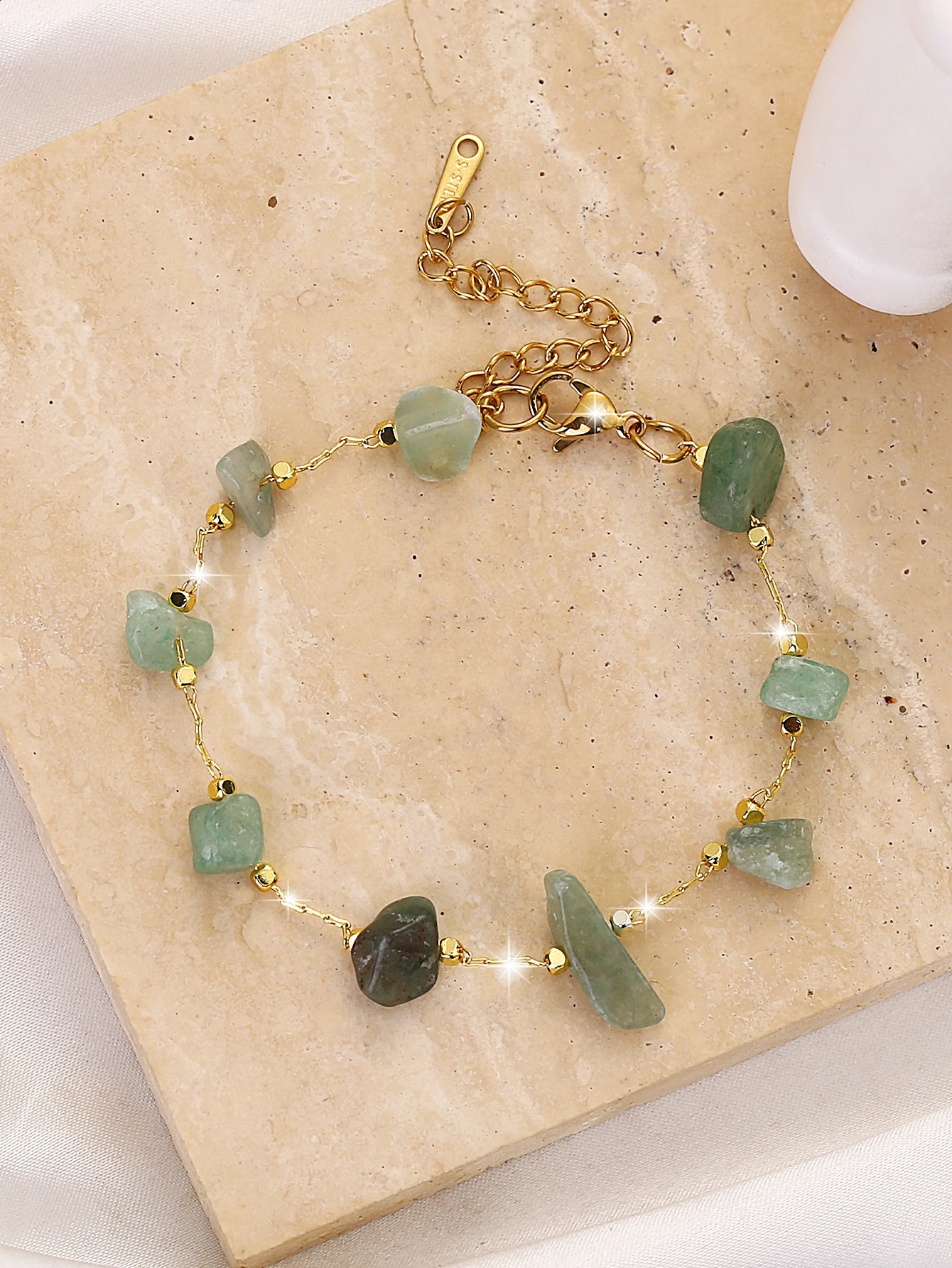1 Bohemian Beach Fashion Allinone Light Double green irregular stone stainless steel bracelet size is not fixed 240919