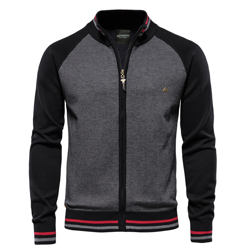 Stand Collar Color Contrast Knitting Pure Cotton Korean Tight Jacket Men's Business Casual Sweater