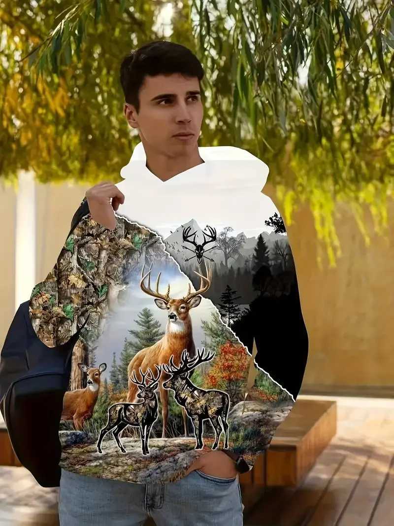 Autumn mens hooded sweatshirt with deer graphic 3D printing hooded sweatshirt outdoor street casual long sleeved top mens ultra-thin clothing W240921