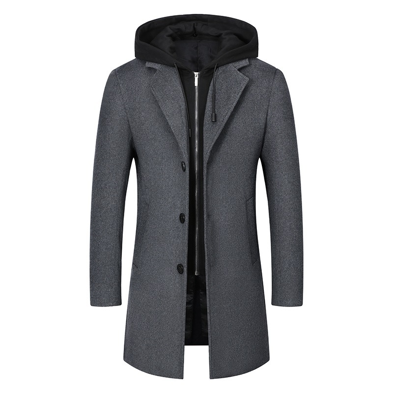 Winter Men's Woolen Hooded Fake Two Piece Thickened Long Cashmere Coat Business Casual High Quality Men Park Coat Men