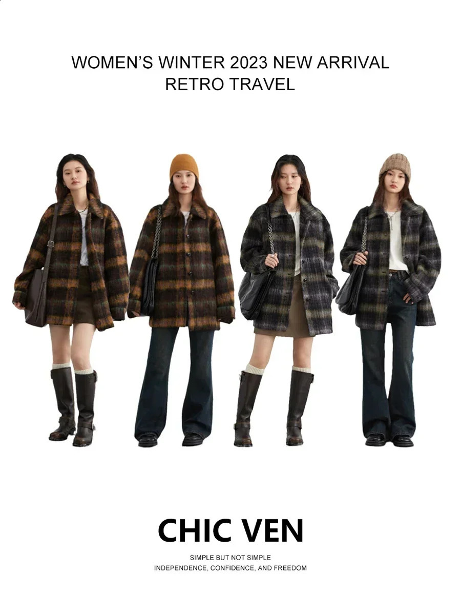 CHIC VEN Women Woolen Coat Loose Casual Single Breasted Vintage Polo Collar Plaid Female Overcoat Autumn Winter 240909