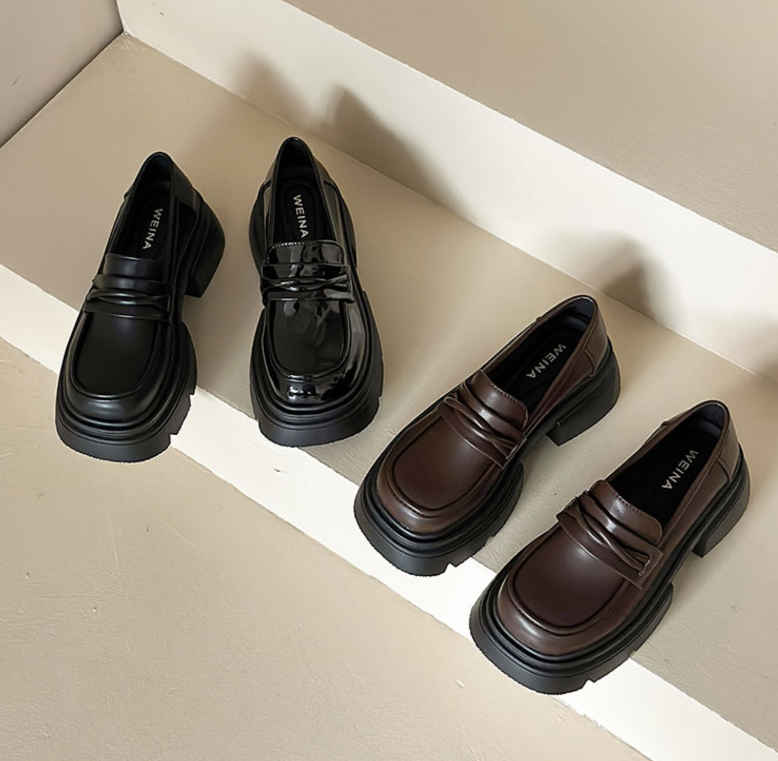 Casual Women's Slip-On Chunky Heel Leather Shoes with Thick Sole in Triple Black and Brown 9f10