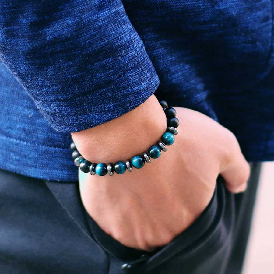 Unique Mens Bracelet Blue Tiger Eyes Beads Braslet Meditation Yoga Chakra Braclet Gemstone Stretch Beaded Brazalete Gift For HimX240921