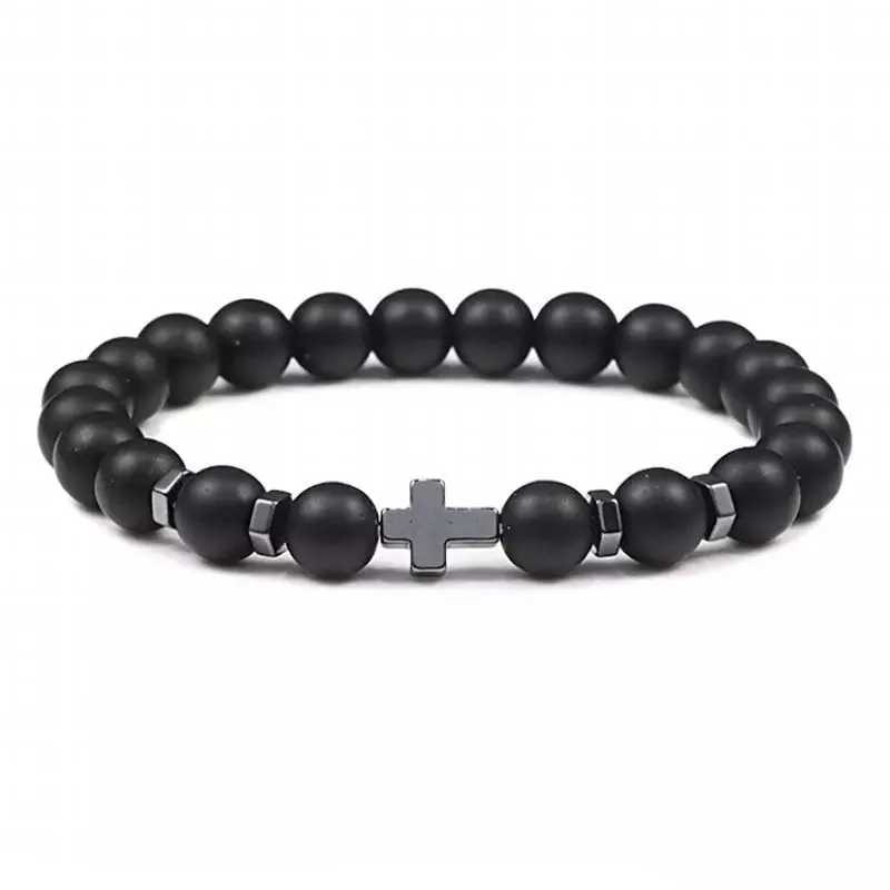 Kirykle 8mm Natural Volcanic Rock Tiger Stone White Pine Black Gallstone Cross Beaded Mens and Womens Bracelet Yoga JewelryX240921