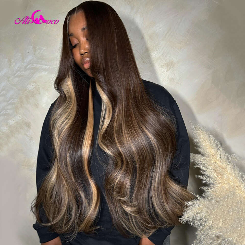 32inch Brown Highlights Blonde Body Wave Human 13x4 Transpaprent Lace Front Wigs Pre-Plucked Long Hair Wig For Woman