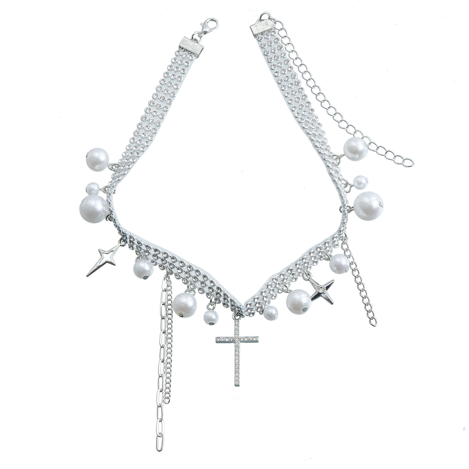 Stainless Steel Crystal Pearls Choker Sweet Cool Fringe Cross Collar Necklace For Women Silver Plated Y2K Accessories Luxury Tassel Jewelry Party Wedd