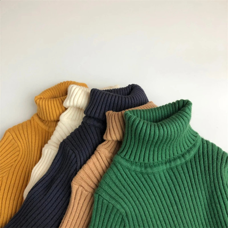 Winter Children Girls Knitted Sweater Basic Stripe Thick Zipper Turtle Neck Boys Knitted Top 240918