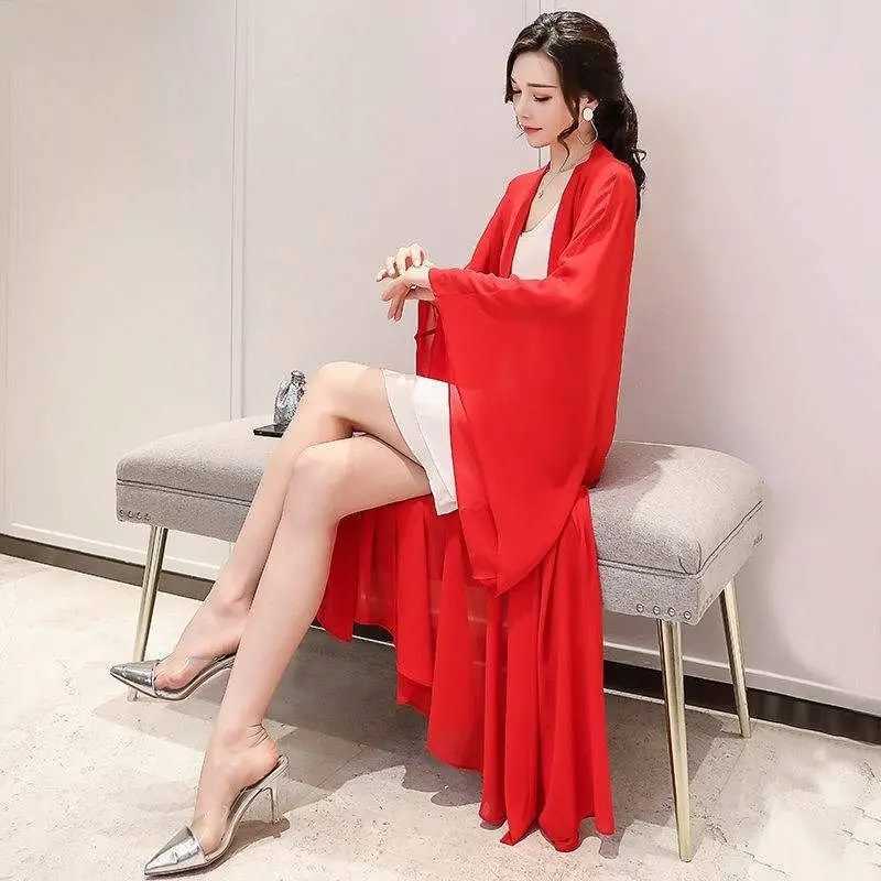 2024 womens summer long sleeved cardigan wool sweater beach long sleeved Korean fashion black chiffon jacket long cardigan coat A219 W240921