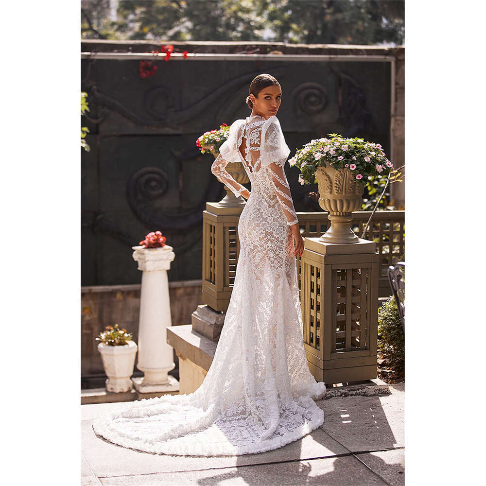 Vintage White Wedding Dresses Appliques Mermaid Bridal Gowns Custom Made Embroidery Sheer Neck Puffy Sleeves Vestido De Novia