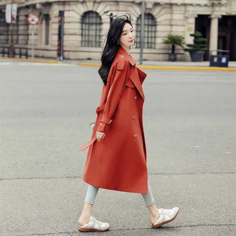 British Style Mid-Length Windbreaker With Belt Green Orange Spring Autumn New Women Casual Lapel Long Sleeve Female Trench CoatX240921