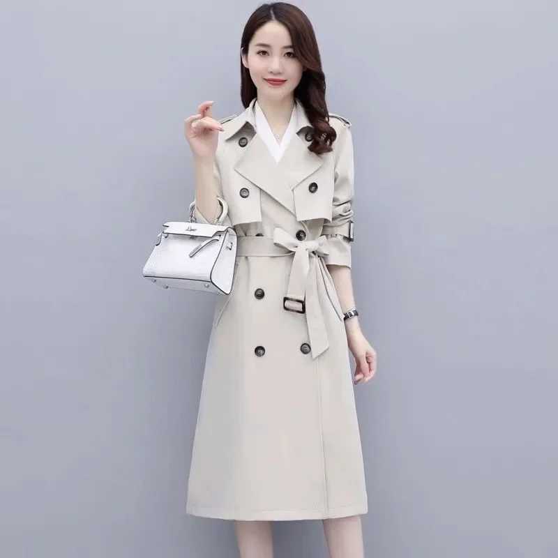 Women Trench Coat Spring Autum New Fashion Khaki Black Double-Breasted Mid Length Windbreaker Female Outerwear Gabardina MujerX240921