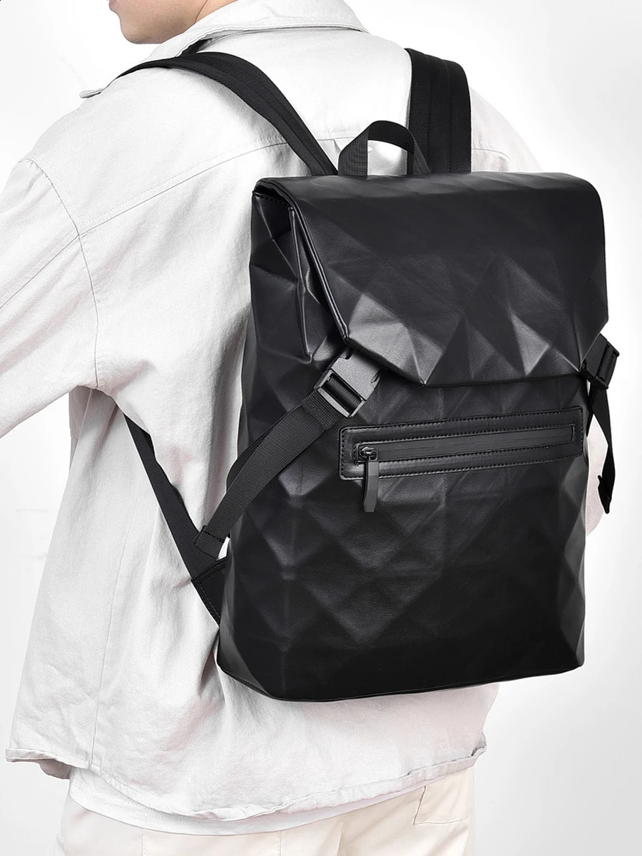 Laptop bag PU leather diamond shaped mens casual backpack waterproof business travel large capacity 240919