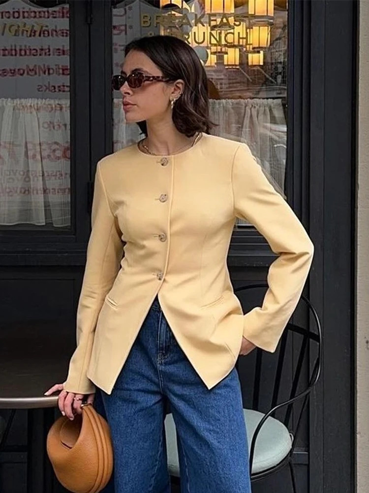 Commute Suit Coat Women Minimalism O-neck Full Sleeves Single Breasted Front Split Female Blazer Coats 2024 Autumn Slim Lady Top 240918