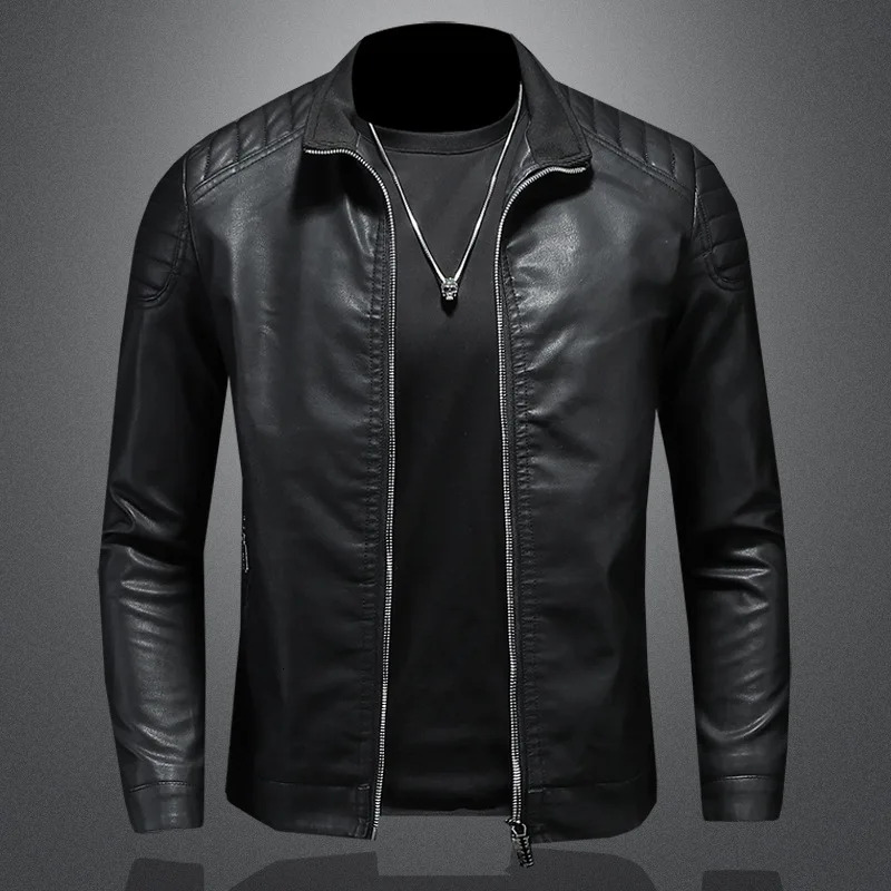 Spring And Autumn Motorcycle Solid Polo Neck Fashion Casual PU High Quality Men's Leather Jacket