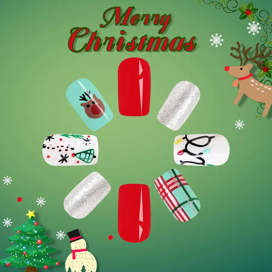 24Pcs Short Glossy Square Christmas Press-On Nails Red Green with Cute Reindeer Fake Nail Tips for Women Festival Wear 240914
